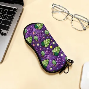 Portable purple glasses pouch featuring fresh grape print and swivel hook for travel