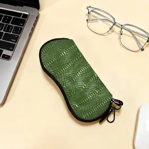Portable green snake print sunglasses pouch with zipper and carabiner hook