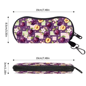 Portable purple plum print glasses case with detailed dimensions and hook.