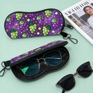 Detailed view of the purple grape print glasses case with zip closure and hook