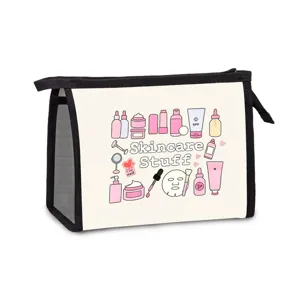 Tragbare Mesh-Reisekosmetiktasche mit süßem Skincare-Stuff-Aufdruck und Reißverschluss