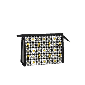 Portable mesh travel makeup bag with cute bee and daisy print on black white grid