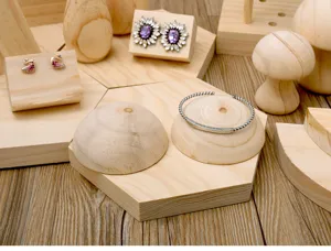 Wooden jewelry display stand set, natural wood bracelet holder and earring props for showcase.