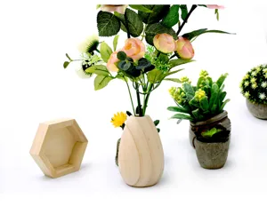Wooden teardrop vase decorative display stand for dried flowers photography props setup.