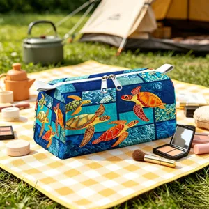 Large capacity velvet makeup bag with vibrant sea turtle print for travel storage needs