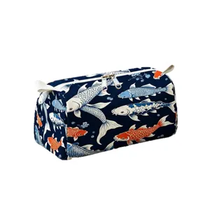 Large capacity barrel-shaped velvet cosmetic bag with koi fish print and double zipper