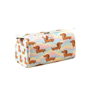Portable dachshund pattern makeup bag with rainbow clouds design for travel storage