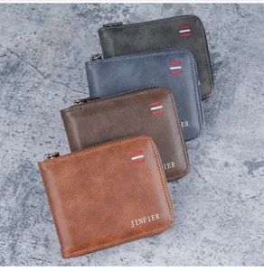 Detailed view of four men's zip-around short wallets in brown, blue, and black finishes