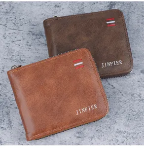 Macro view of brown and tan men's zip-around wallets with textured leather