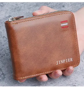 Detailed close-up view of a brown leather men's wallet with a zipper closure