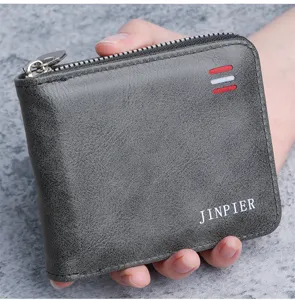 Close-up of a gray men's short wallet with JINPIER logo and zipper detail