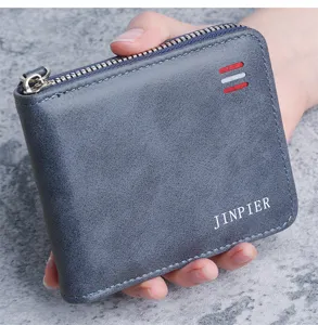 Close-up of a blue men's short wallet featuring a zipper and tricolor stripe detail.