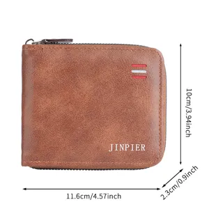 Detailed size guide for the brown men's zippered short wallet with JINPIER branding