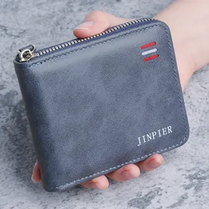 Men Short Zip Around Wallet Large Capacity Multi Card Slot PU Leather Purse Retro Stripe Print Bi-fold Wallet