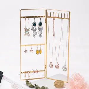 Vintage Metal Folding Jewelry Display Stand Gold Screen Earring Necklace Organizer Holder for Home Desktop