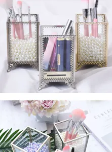 Scatola porta cosmetici in vetro geometrico con bordo metallico, perfetto organizer per pennelli.