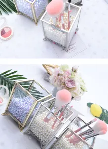 Portapennelli da trucco in vetro geometrico con perle, scatola portaoggetti vintage.