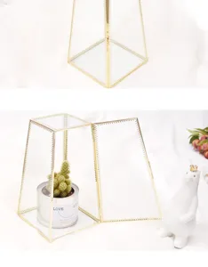 Geometric glass jewelry storage box gold metal framed terrarium display case detail view.
