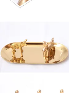 Gold resin balloon dog deer figurine with oval tray for home desktop decor photography