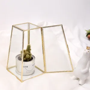 Geometric Glass Jewelry Box Clear Glass Display Case With Gold Metal Frame For Desktop Storage And Preserved Flower Decor