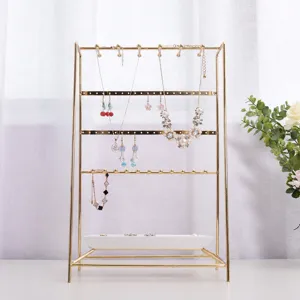 Support à Bijoux en Métal Électroplaqué Multifonctionnel Avec Plateau en Résine Présentoir Organisateur de Boucles d'Oreilles et Colliers