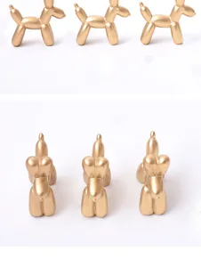 Gold balloon dog resin figurine set, cute desktop animal ornament for home decor and photo prop.