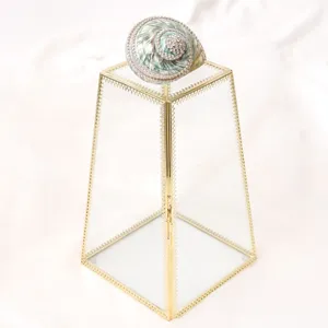 Geometric glass jewelry storage box and display terrarium with gold metal frame for accessories.