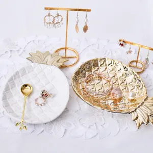 Ceramic Pineapple Leaf Jewelry Tray Electroplated Gold White Storage Dish Desktop Decorative Ornament Home Decor