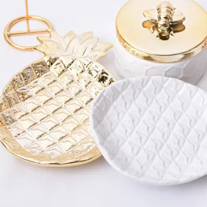 Nordic Fashion Electroplated Gold Pineapple Leaf Jewelry Tray Ceramic Storage Plate