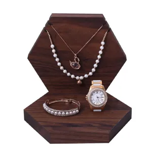 Présentoir à Bijoux en Bois de Noyer Noir Support de Rangement Hexagonal pour Colliers Bagues Boucles d'Oreilles Bracelets