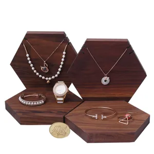 Présentoir à bijoux en bois de noyer noir, support hexagonal à colliers et bracelets.