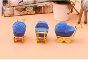 Cute baby stroller shaped ring box, blue velvet jewelry storage case with gold frame for gifts.