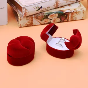 Heart Shaped Velvet Ring Box Double Ring Storage Case Wedding Proposal Ring Holder Jewelry Gift Box Red