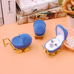 Cute Stroller Shape Jewelry Box Flocked Velvet Ring Storage Organizer Portable Travel Mini Trinket Case for Women Girls Gift