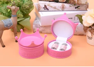 Pink velvet crown jewelry box contact lens case storage organizer flocked gift box