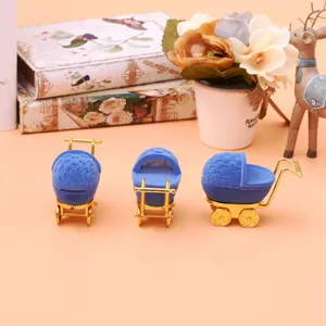 Cute blue stroller velvet ring box jewelry storage container with gold wheels showcase main display