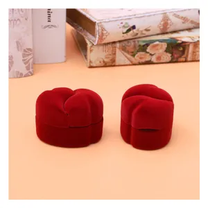 Red velvet heart shaped ring box for couple wedding jewelry storage and display gift box.