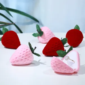 Cute Strawberry Flocked Ring Box Creative Jewelry Storage Case Stud Earrings Packaging Box For Birthday Gift