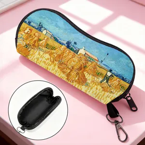 Close-up of Van Gogh oil painting pattern on portable eyeglass pouch with zipper
