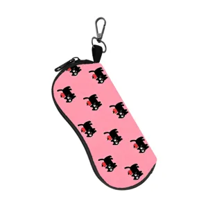 Portable pink eyewear pouch featuring a cute cartoon black cat pattern and a secure carabiner hook