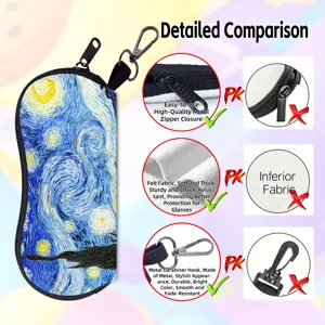 Detailed feature comparison of Starry Night print felt eyeglasses pouch with metal hook.