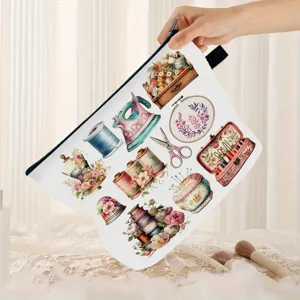 Borsa per cosmetici da viaggio con stampa cucito vintage e chiusura a cerniera