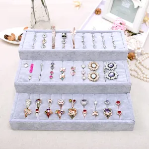 3-tier velvet ring display tray organizer, elegant grey jewelry showcase stand for rings and earrings.