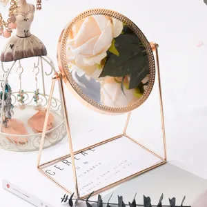 European Vintage Copper Makeup Mirror Single Sided Rotating Desktop Vanity Mirror With Hollow Frame For Home Decor