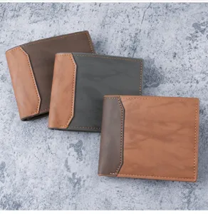 Detailed macro view showing three different color combinations of men's bifold PU wallets