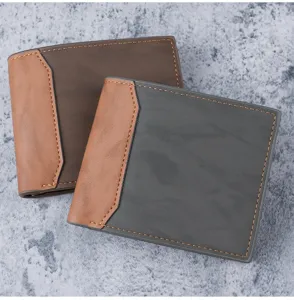 Macro detail of stylish men's bifold PU leather wallets with contrast stitching