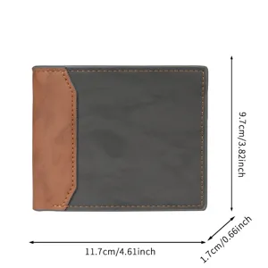 Detailed dimensions of a slim bifold men's PU leather wallet shown in brown and charcoal grey