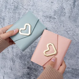 Stylish heart-shaped buckle mini wallet for cards and coins in light blue and pink finish