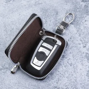 Premium genuine leather L-zipper key wallet and compact coin purse for men with metal hook