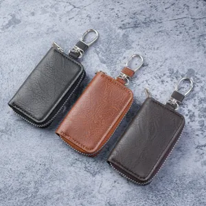 Trio of premium leather coin purses with zipper and clip, in black, tan and brown shades.